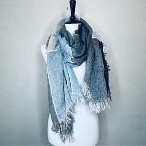 Eileen Fisher linen Cotton blend neutral color block scarf wrap fringe trim